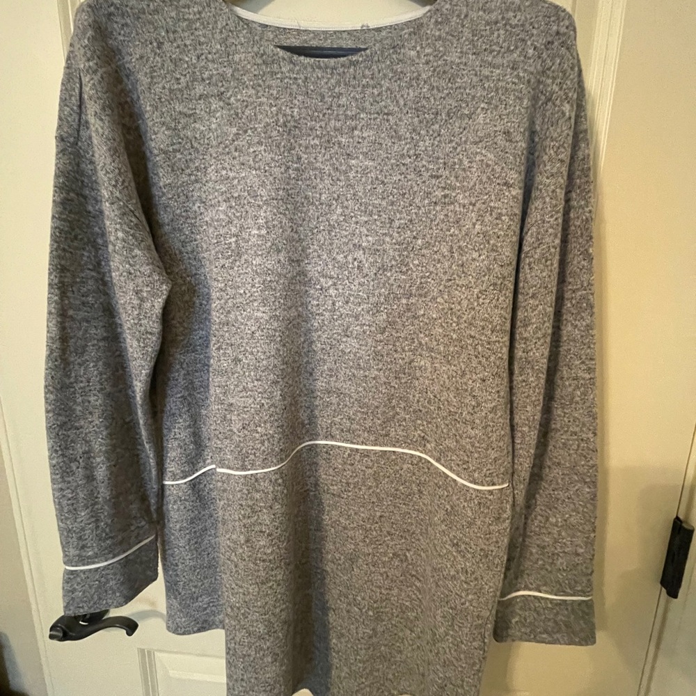 Grey with subtle white trim, tunic length, long sleeve sweater, size M